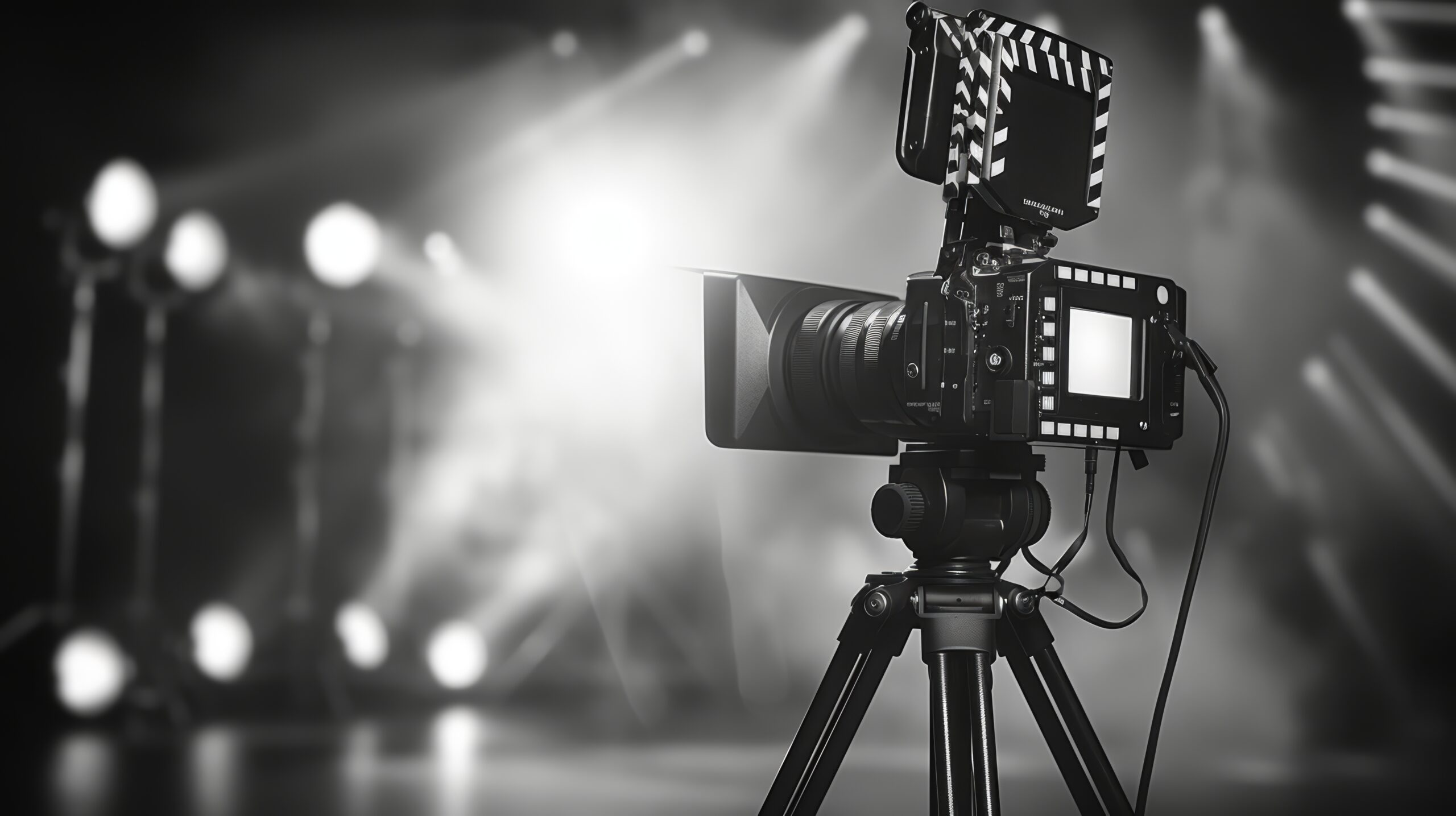 Multiple professional video cameras on tripods filming a concert. Live broadcast and music production theme.